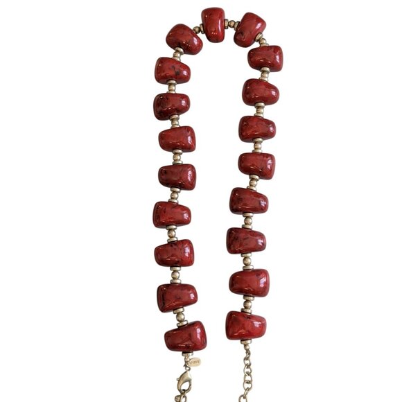 Red Beaded Necklace & Earrings Set With Gold Details By Chicos - Adjustable Chai - Picture 2 of 12